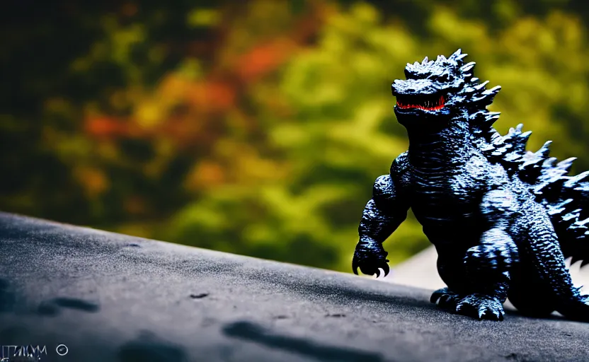 Image similar to photograph of Godzilla in Columbus Ohio, one point perspective, 1-point perspective, tilt shift, sigma 85mm f/1.4, 4k, depth of field, high resolution, 4k, 8k, hd, full color