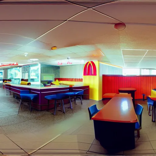 Image similar to a panorama of a 80s mcdonalds