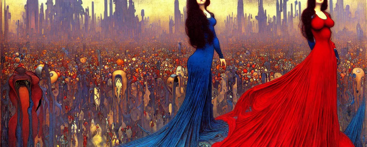 Image similar to realistic extremely detailed full height portrait painting of a girl with dark hair and red dress in a crowded sci-fi city street, very detailed crowd by Jean Delville, Amano, Yves Tanguy, Alphonse Mucha, Ernst Haeckel, Edward Robert Hughes, Roger Dean, rich moody colours, blue eyes