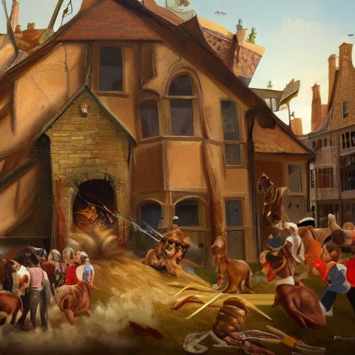 Image similar to a highly detailed oil painting of a giant dachshund smashing houses, renaissance, bystanders watching from the sides, 4 k, by ariduka 5 5, monokubo, artstation,