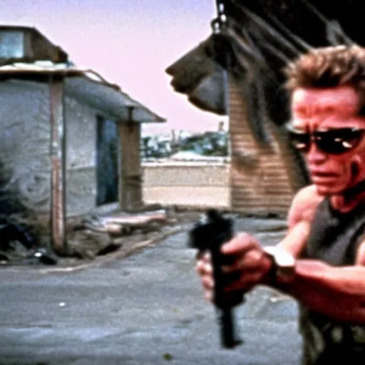 Image similar to film still of the terminator at a favela, shooting scene, blurry