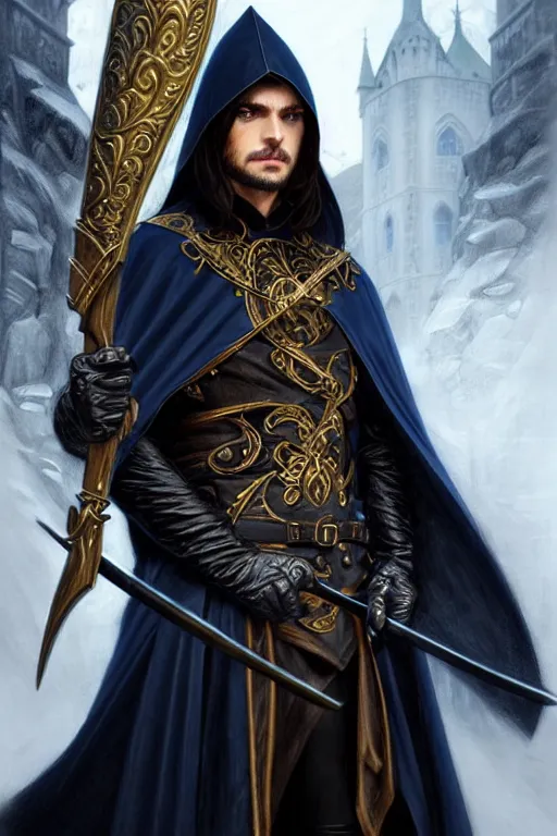 Image similar to handsome mage holding a spear, long black hair blue eyes wearing leather mantle gothic navy cloak with gold details, castle town, fantasy character portrait, ultra realistic, intricate, elegant, highly detailed, digital painting, artstation, smooth, sharp, focus, illustration, art by artgerm and greg rutkowski and alphonse mucha