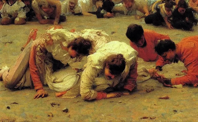 Prompt: high quality high detail painting by ilya repin, people crawling on the floor, hd