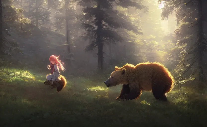 Prompt: anime scene of a girl riding a grizzly bear in the woods, full shot, atmospheric lighting, detailed faces, by makoto shinkai, stanley artgerm lau, wlop, rossdraws