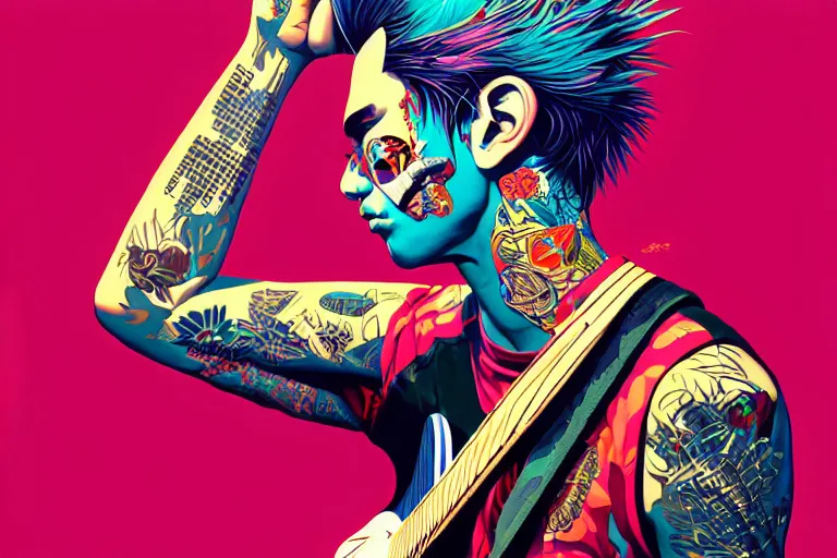 Image similar to 1 9 8 0 s punk rocker playing acoustic guitar, tristan eaton, victo ngai, artgerm, rhads, ross draws, intricated details, 3 / 4 view, full body portrait