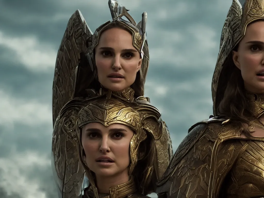 Image similar to portrait of beautiful Natalie Portman as an Asgardian Valkyrie, cinematic, 4k