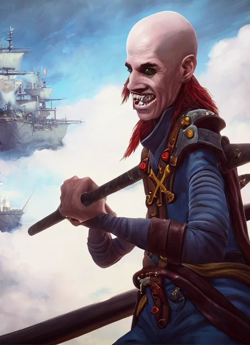 Image similar to An epic fantasy comic book style portrait painting of a skinny white bald sky-pirate with a goofy expression sitting in front of a ship's cannon, unreal 5, DAZ, hyperrealistic, octane render, cosplay, RPG portrait, dynamic lighting