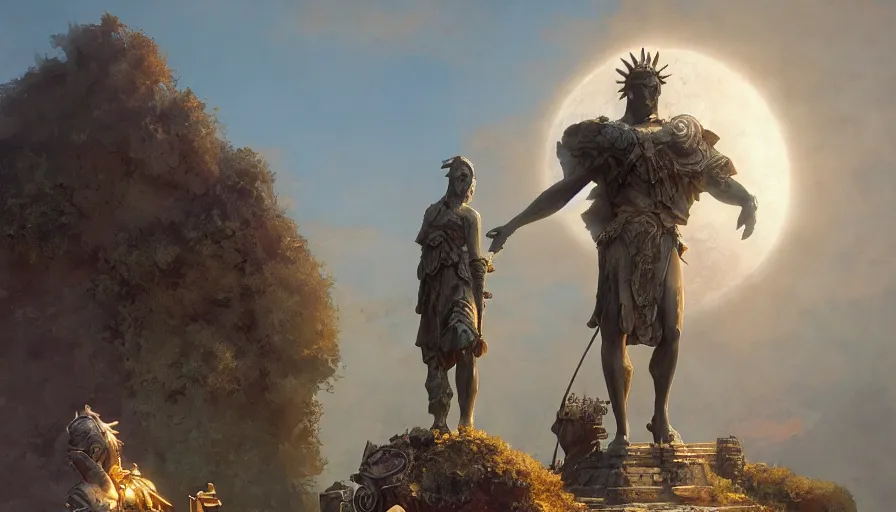 Image similar to craig mullins and ghibli digital illustration of the statue of the sun god unreal engine, hyper realism, realistic shading, cinematic composition, realistic render, octane render, detailed textures, photorealistic, wide shot