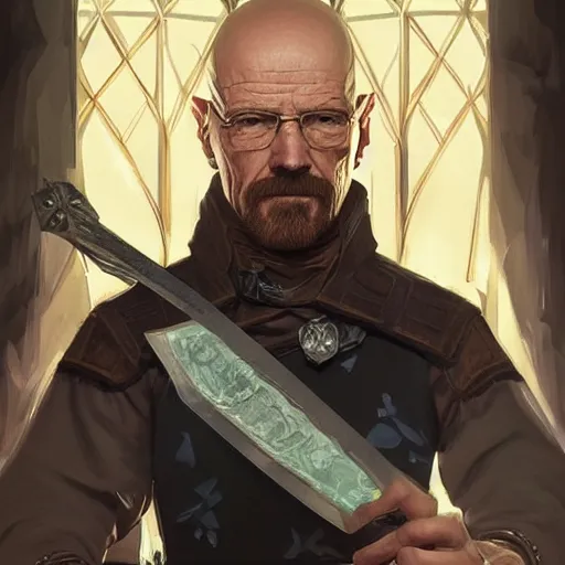 Image similar to Walter White as a Witcher, D&D, fantasy, intricate, elegant, highly detailed, digital painting, artstation, concept art, matte, sharp focus, illustration, hearthstone, art by Artgerm and Greg Rutkowski and Alphonse Mucha