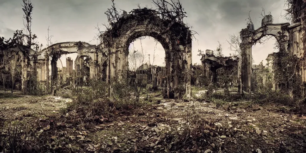 Prompt: abandoned city reclaimed by nature, cinematic shots, smooth light ing, happy, calm