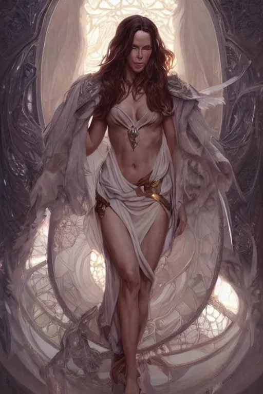 Image similar to portrait of a kate beckinsale, upper body, fantasy, intricate, elegant, highly detailed, digital painting, artstation, concept art, matte, sharp focus, illustration, art by Artgerm and Greg Rutkowski and Alphonse Mucha