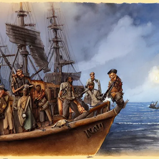 Prompt: somali pirates, a detailed matte painting by anton pieck, deviantart contest winner, fantasy art, concept art, official art, matte drawing