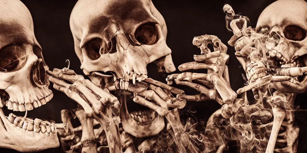 Prompt: Skeletons smoking cigars, professional photography, visible smoke