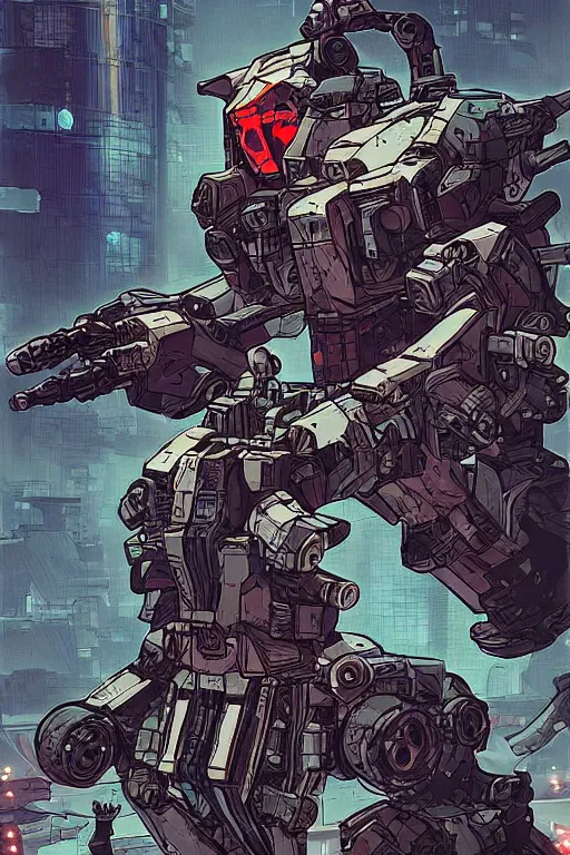 Image similar to cyberpunk mecha ninja borderland that looks like it is from borderlands and by feng zhu and loish and laurie greasley, victo ngai, andreas rocha, john harris