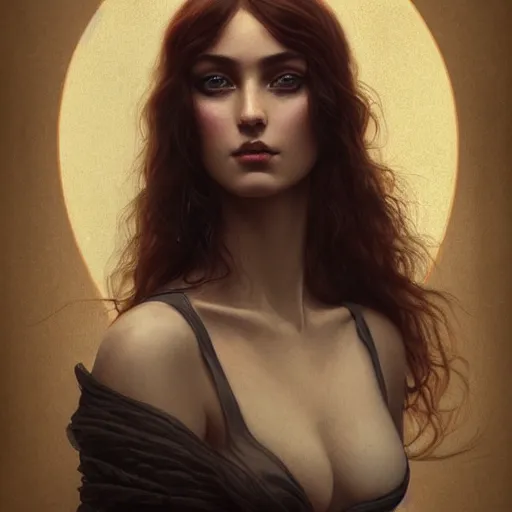 Image similar to tom bagshaw portrait, very beautiful artist in a full dress and long thin lustrous auburn hair, professionally retouched, focus eyes, ultra realistic soft painting, insanely detailed linework, symmetrical accurate intricate features, behance, 8 k