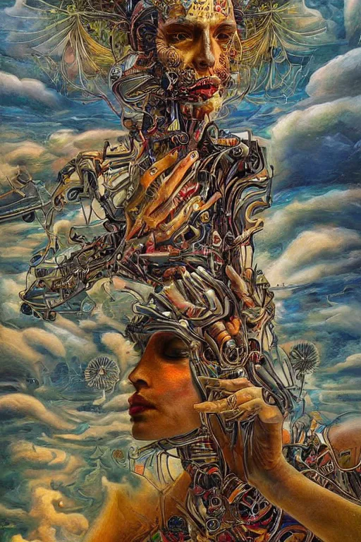 Prompt: a high detailed painting with many textures and of a humanoid psychedelic cyborg with a quantum spiritual awakening, surrealism, magical realism bizarre art