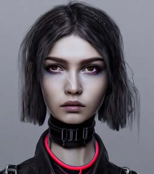 Prompt: detailed realistic female character cyberpunk wearing thick steel collar around neck, realistic, art, beautiful, 4K, collar, choker, collar around neck, punk, artstation, (detailed), female, woman, choker, cyberpunk, neon, punk, collar, choker, collar around neck, thick collar, tight around neck, punk,