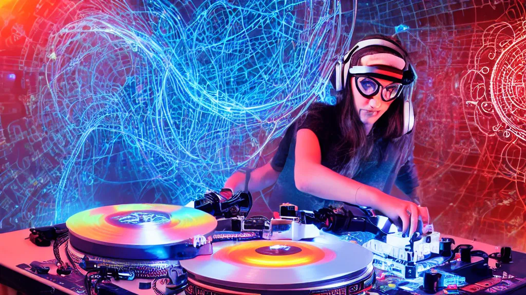 Image similar to a woman wearing goggles and visor and headphones using an intricate clockwork record player turntable contraption, wires and tubes everywhere, turntablism dj scratching, intricate planetary gears, cinematic, imax, sharp focus, led light strips, bokeh, iridescent, black light, fog machine, hazy, computer screens, lasers, light trails, hyper color photograph