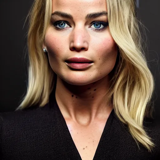 Image similar to a woman who is a genetic combination of jennifer lawrence margot robbie laura bailey pokimane, medium shot, detailed eyes,