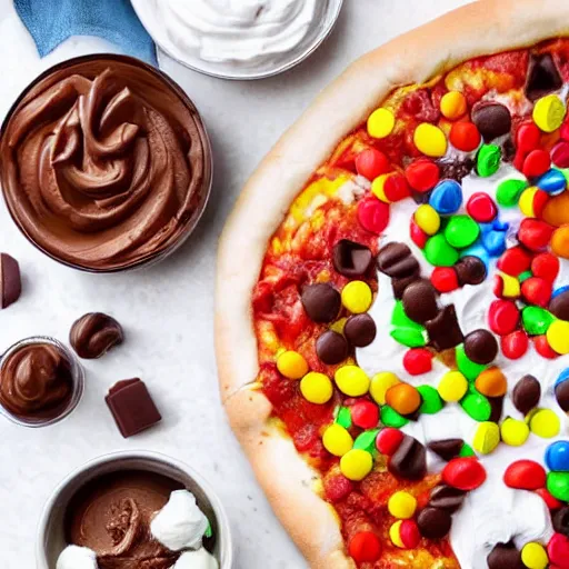 Prompt: pizza with nutella, skittles, gummi bears, and candy toppings, whipped cream