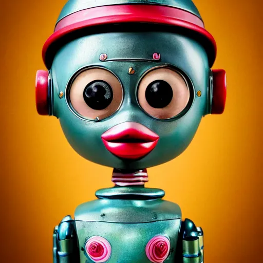 Prompt: closeup portrait of tin toy retro robot doll, depth of field, f 3 2, zeiss lens, detailed, centered, fashion photoshoot, by nicoletta ceccoli, mark ryden, lostfish, breathtaking, 8 k resolution, extremely detailed, beautiful, establishing shot, artistic, hyperrealistic, octane render