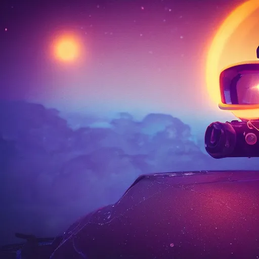 Image similar to a motorcycle floating in space inside magic colorful glowing fog, starry sky, tranquil, desolate, atmospheric, hazy, autochrome, 8k, photo, octane render, unreal engine 5