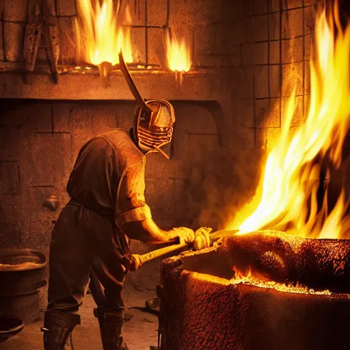 Prompt: A blacksmith creating a magical sword in a furnace, sparks and embers flying, intense heat, professional photographer, 50mm lens, studio lighting, Award-Winning, No blur, highly detailed, intimate, close up, art by Michael Whelan
