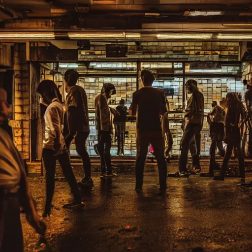 Image similar to photograph of a lot of people inside of a rundown hidden club, closeup, brutalism, retrofuturism, cyberpunk, sigma 85mm f/1.4, 35mm, 4k, depth of field, high resolution, 4k, 8k, hd, full color