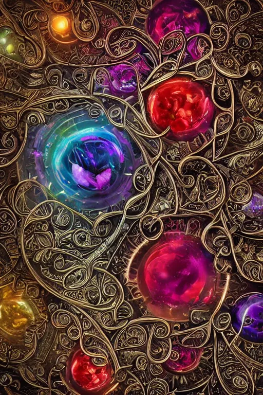 Image similar to a intricate background design intricate rune stones and rubies, flowers atomic stars, digital art, photorealistic, vivid colors, highly detailed, intricate