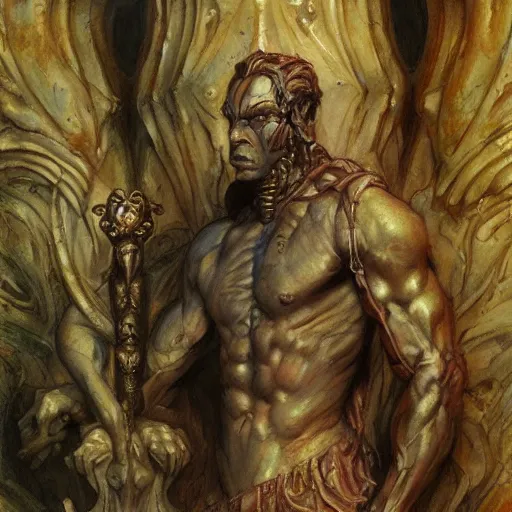 Image similar to Roguish Picaro Dsurion stands at the gates of Hades Hand Crafted By Rodin. Painting by Donato Giancola Jeff Simpson stamp watercolor