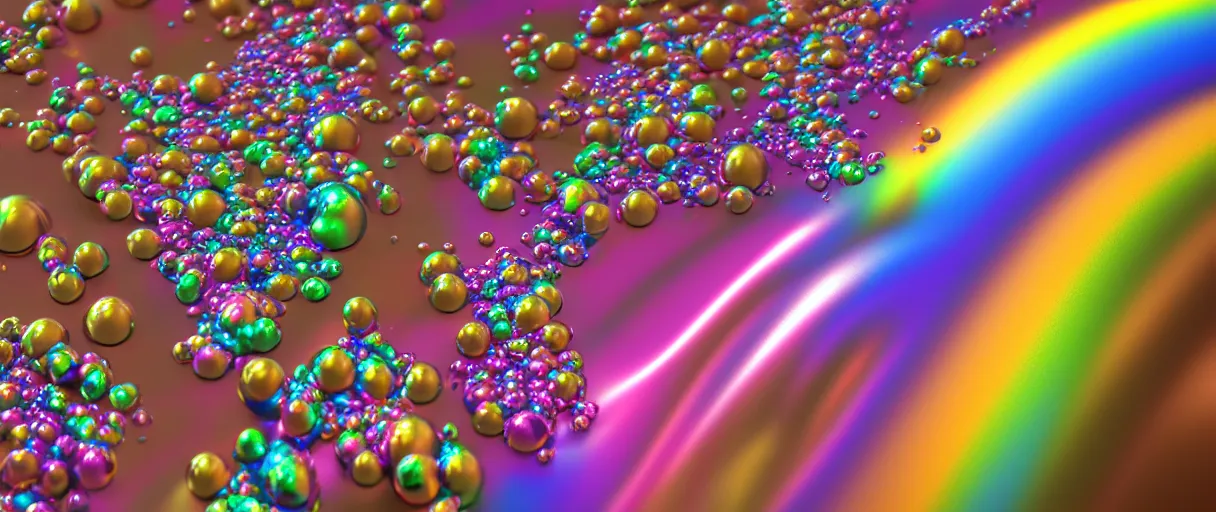 Image similar to surreal chrome rainbow bubbly liquid, 3 d octane render, reflective, raytracing, dynamic lighting, focus