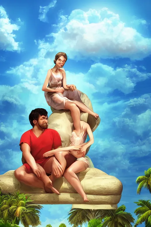 Image similar to conceptual art of one loving couple sitting on a cloud with palms, high in the sky above a paradisiac ocean, mattepainting concept pixar maya engine on stylized background global illumination lighting artstation