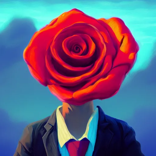 Image similar to closeup, giant rose flower head, frontal, girl in a suit, surreal photography, sunrise, blue sky, dramatic light, impressionist painting, digital painting, artstation, simon stalenhag