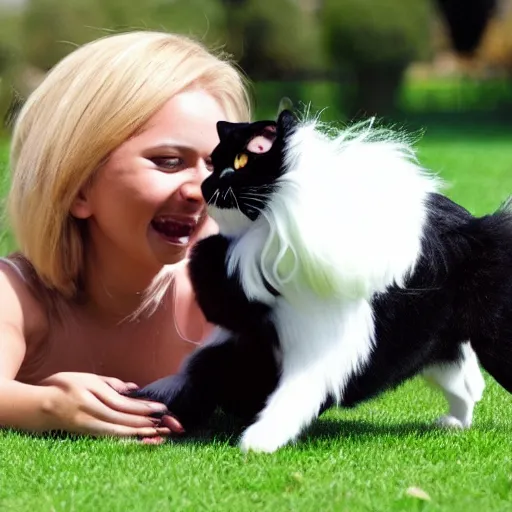 Prompt: a maltese dog playing with a black cat