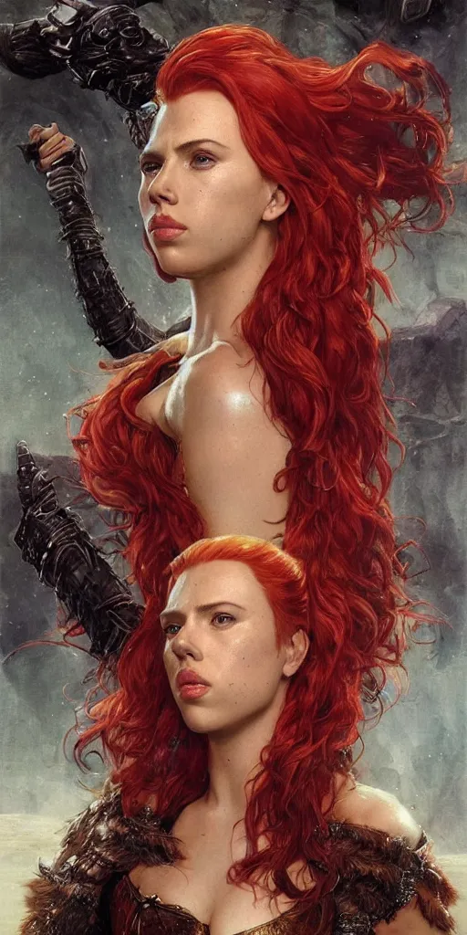 Image similar to epic masterpiece portrait of Red Sonja played by scarlett johansson, followed by head with many screaming faces, beautiful faces and flawless skin, perfect hands, emeralds by Edgar Maxence and Ross Tran and Michael Whelan