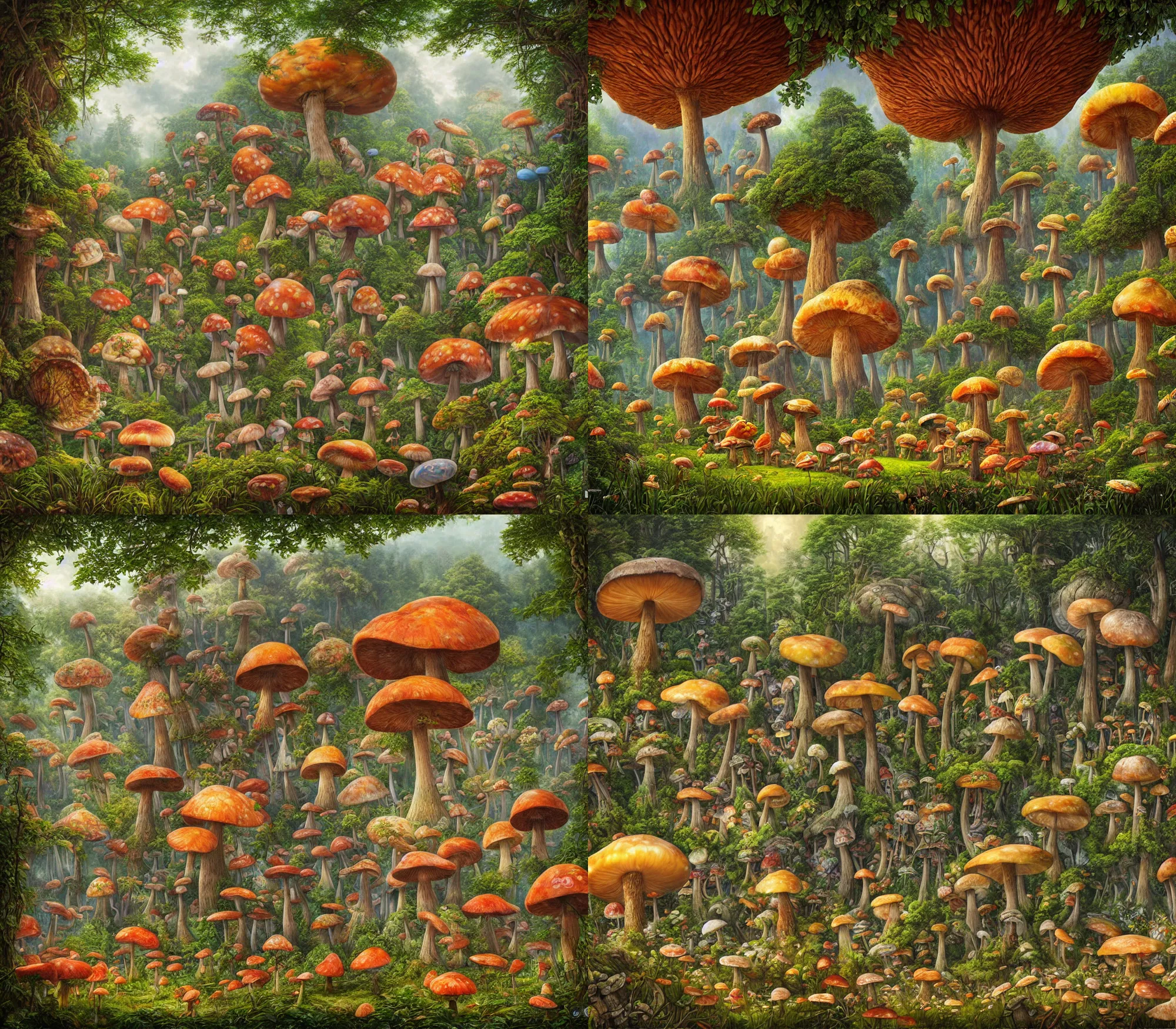 Prompt: A hyperrealistic detailed fantasy mixed media matte painting of a cottagecore vista in a lush grove with giant mushrooms by Jacek Yerka and Karol Bak, colorful, surreal, whimsical, trending on artstation