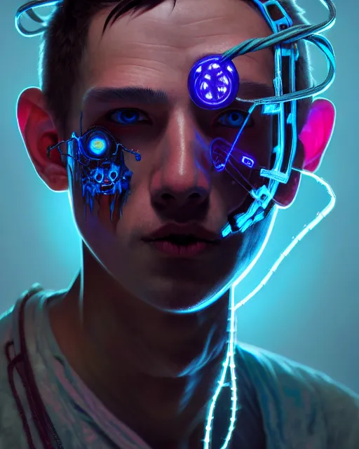 Prompt: portrait of a patchwork boy, bioluminescent, wires, horror, asymmetrical art, highly detailed, concept art, cinematic, hyperrealism, epic, art by stanley lau and artgerm and magali villeneuve and alphonse mucha and pixar, artstation, octane render, cgsociety