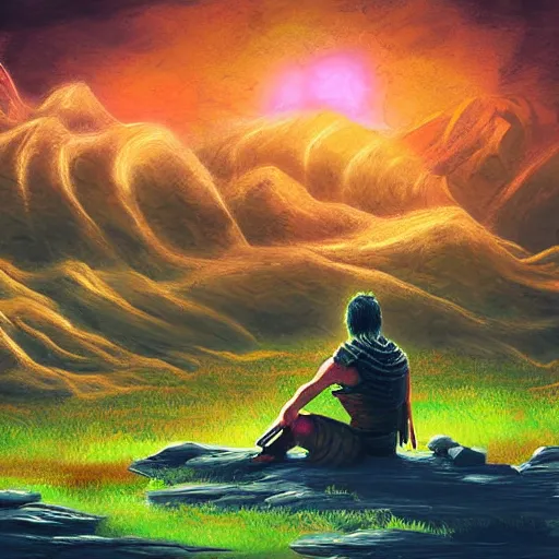 Prompt: Digital art of a tired warrior meditating on the battlefield in the style of a matte painting, acrylic, vibrant, glows, detailed,