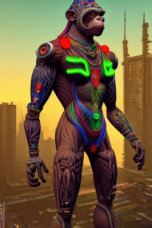 Image similar to high quality 3 d render stylized mischievous cyborg muscular man monkey hybrid, neon madhubani, highly detailed, cyberpunk!! mumbai in the background, unreal engine cinematic smooth, szukalski ravi varma, moody light, low angle, uhd 8 k, sharp focus