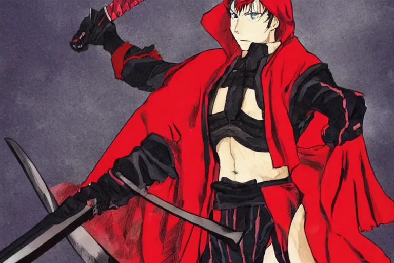 Image similar to a twin blade muscular swordsman, red and black cape and hoodie, scary, intimidating, worn out clothes, torn clothes, as a manga by Hirohiko Araki