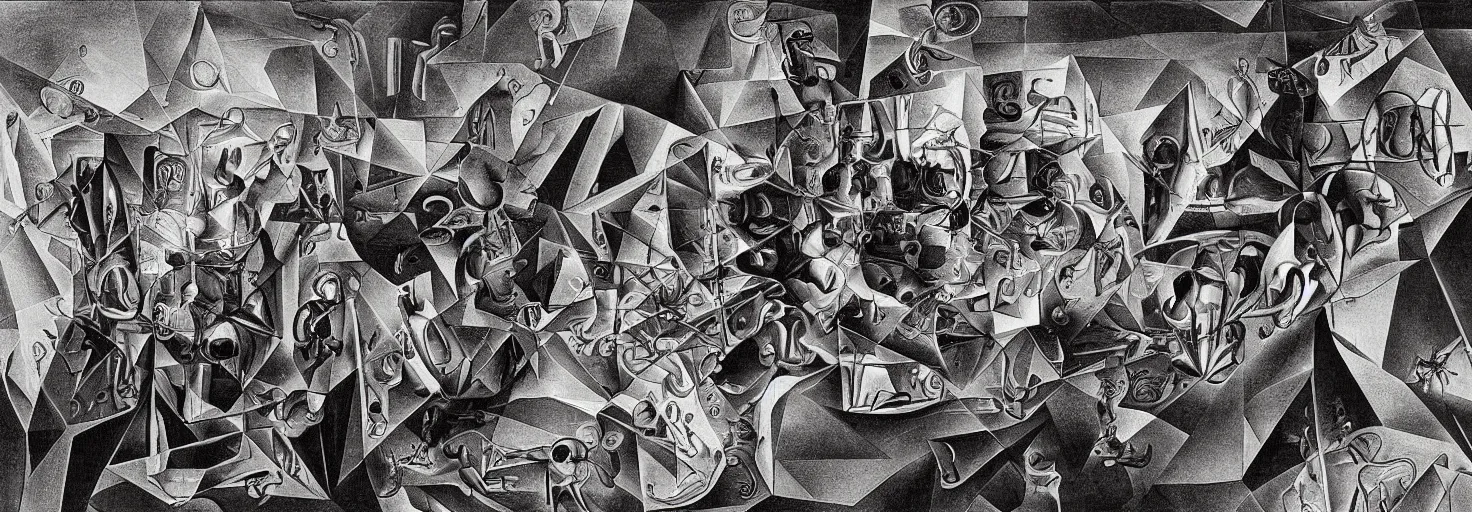 Prompt: Celebration of birth of General Artificial Intelligence by Salvador Dali and M. C. Escher collaboration, digital art, high details