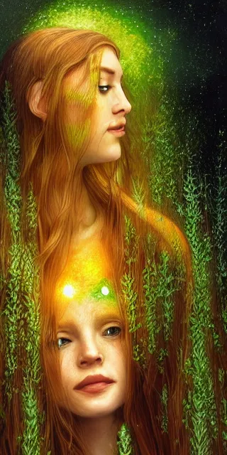 Image similar to infp young woman, smiling amazed, golden fireflies lights, sitting in the midst of nature fully covered, long loose red hair, intricate linework, green eyes, small nose with freckles, oval shape face, realistic, expressive emotions, dramatic lights spiritual scene, hyper realistic ultrafine art by michael cheval, jessica rossier, boris vallejo