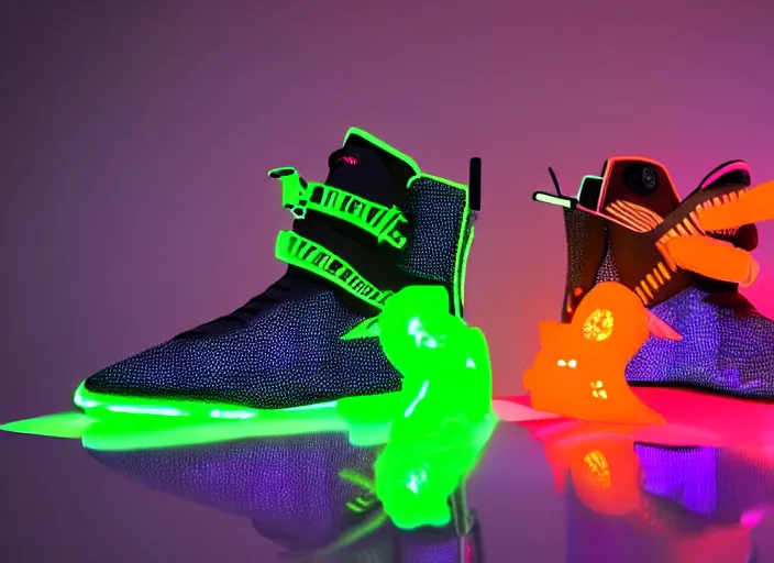 Image similar to futuristic generative design sneakers with neon lights in the style of cyberdog, product shot, dynamic lighting