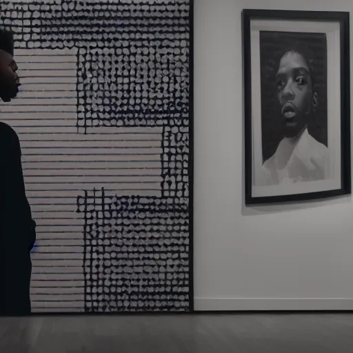 Image similar to art curator looking at a screen with a chat interface, recursive, in the style of grand chamaco and stanley kubrick, inspired by kendrick lamar, photorealistic, epic, super technical, cinematic still