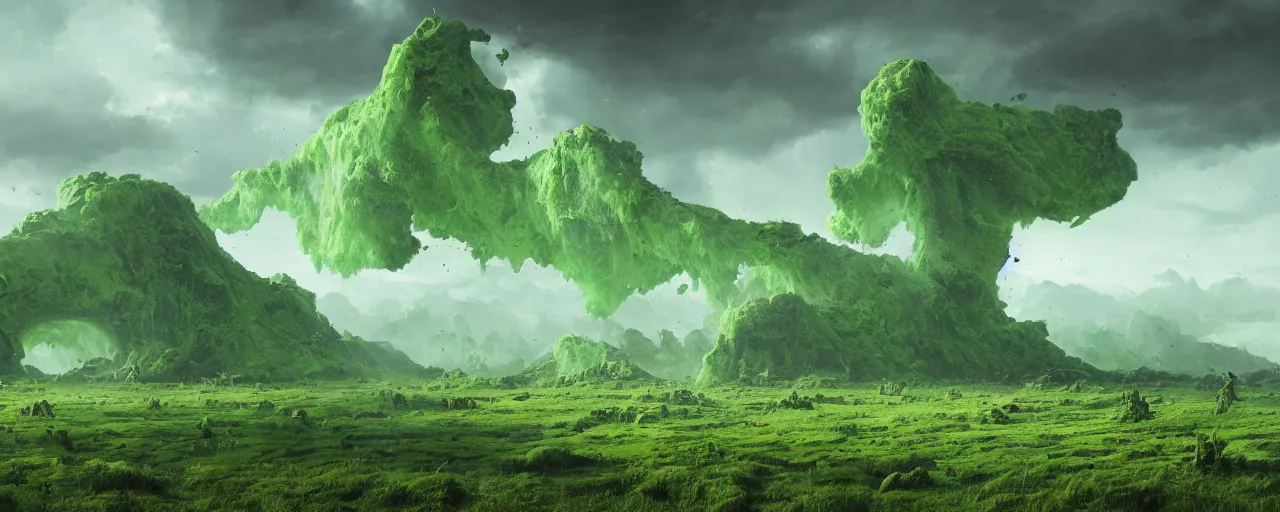 Image similar to landscape covered in green slime and goo, [ cinematic, detailed, epic, widescreen, opening, establishing, mattepainting, photorealistic, 4 k, octane render, art by greg rutkowski ]