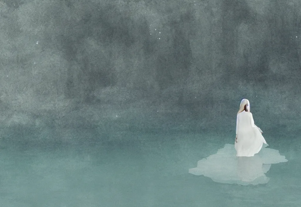 Image similar to digital art of a female figure walking in the middle of a lake wearing ethereal white clothing. lush nature. blue tint.