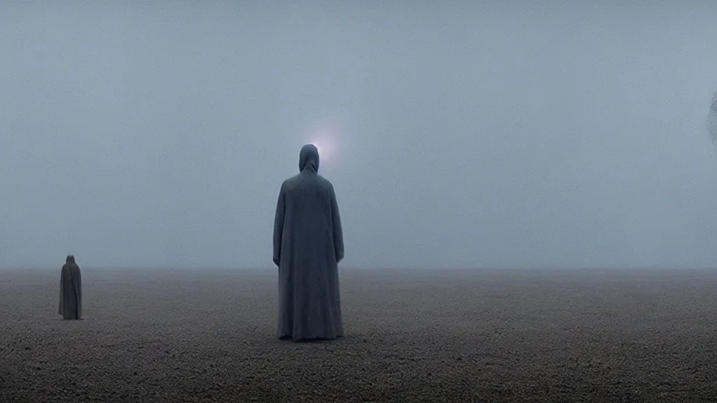 Prompt: regret, film still from the movie directed by Denis Villeneuve with art direction by Zdzisław Beksiński, wide lens