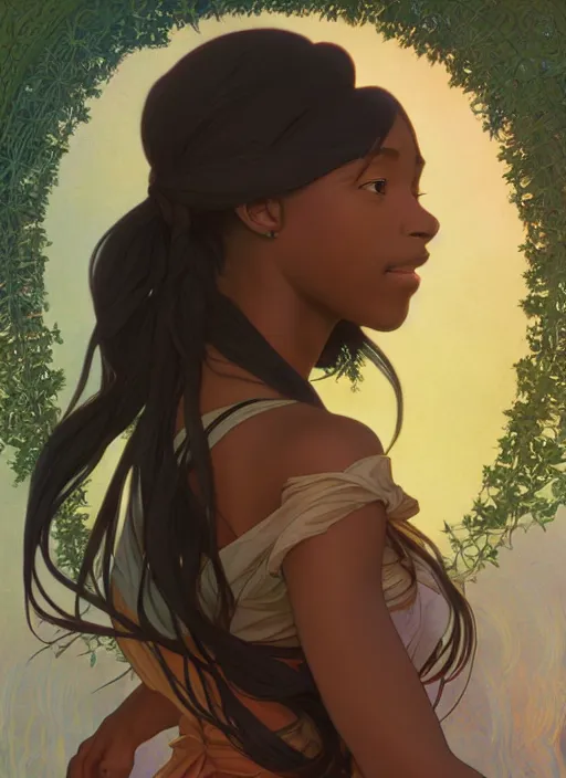 Image similar to pretty young black woman with shoulder length hair, path traced, highly detailed, high quality, digital painting, by studio ghibli and alphonse mucha, leesha hannigan, makoto shinkai, disney