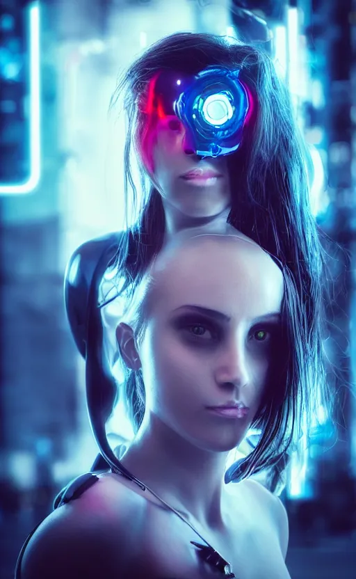 Image similar to “ a portrait of a beautiful cyberpunk woman with a robotic neck and glowing neon piercings, photography, 8 k dramatic lighting, strong depth of field ”