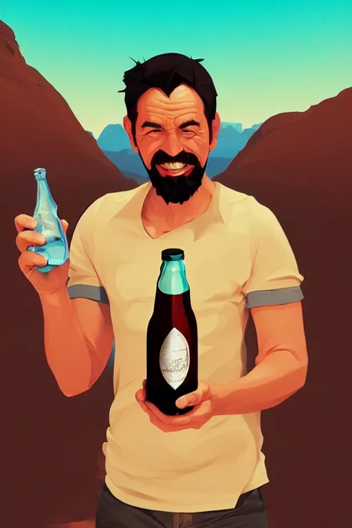 Image similar to funny drinker with bottle in his hand in the desert, smooth face, centered median photoshop filter cutout vector behance hd by artgerm, jesper ejsing, by rhads, makoto shinkai and lois van baarle, ilya kuvshinov, rossdraws, illustration, art by ilya kuvshinov and gustav klimt